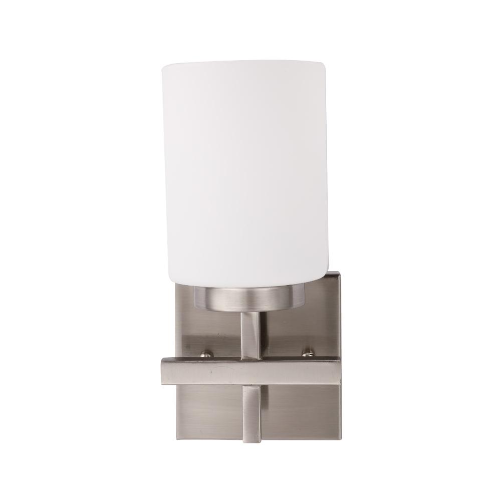 Portfolio Delina 1-Light Brushed Nickel Vanity Sconce – White Bell Glass Shade