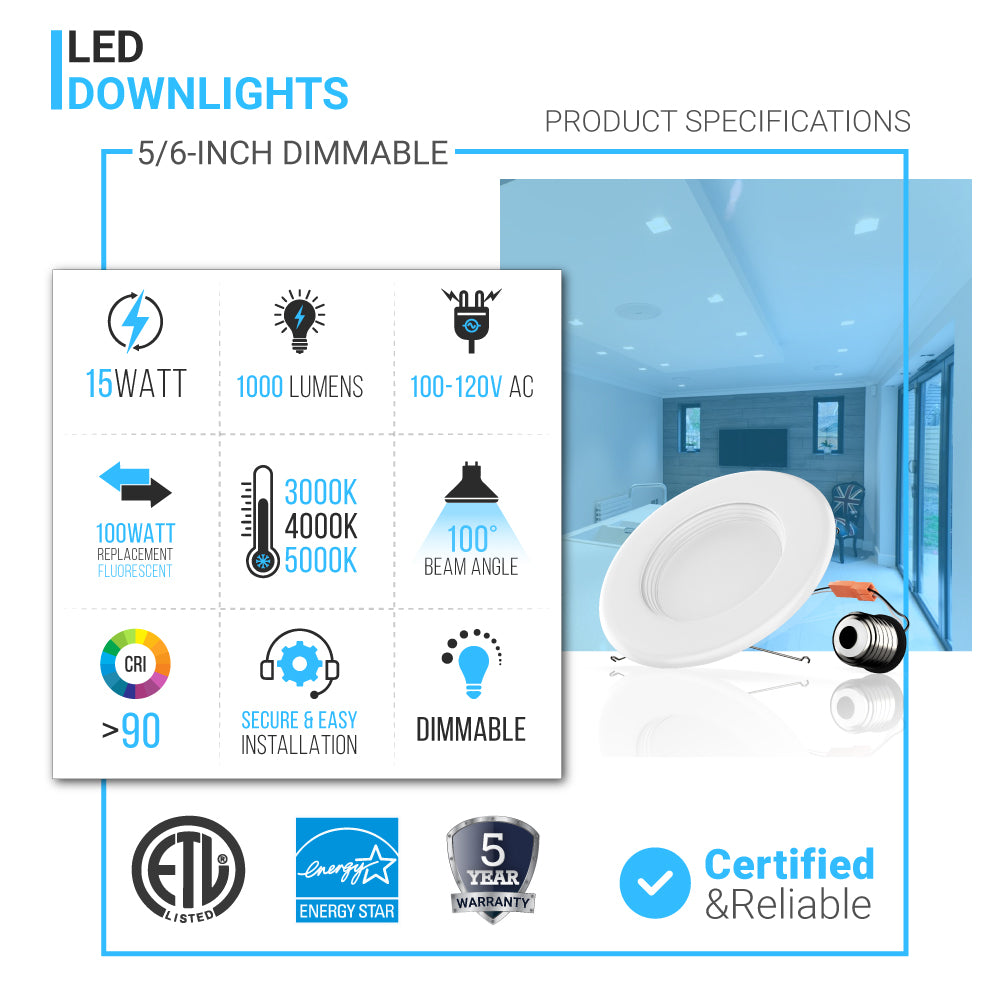 5 6 inch Dimmable LED Downlights Can Lights 1100 Lumens