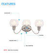 Clear Glass Bathroom Light Fixtures, Wall Mount, 2-Head/3-Head, E26 Base Brushed Nickel Finish, Vanity Lighting Load image into Gallery viewer, Clear Glass Bathroom Light Fixtures, Wall Mount, 2-Head/3-Head, E26 Base Brushed Nickel Finish, Vanity Lighting