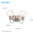 Clear Glass Bathroom Light Fixtures, Wall Mount, 2-Head/3-Head, E26 Base Brushed Nickel Finish, Vanity Lighting Load image into Gallery viewer, Clear Glass Bathroom Light Fixtures, Wall Mount, 2-Head/3-Head, E26 Base Brushed Nickel Finish, Vanity Lighting