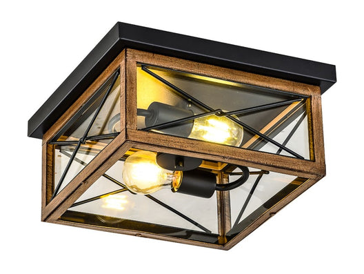 2-Lights Indoor Outdoor Flush Mount Ceiling Lamp Farmhouse Close to Ceiling Light Fixtures with Wood Texture Finish for Kitchen Dining Room Bedroom Porch Hallway Entryway