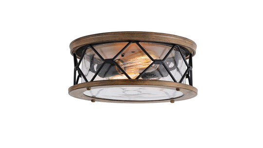 2-Light Flush Mount Ceiling Light,  E26 Base, 2X60W, - Modern Industrial Ceiling Light Fixture for Kitchen Hallway Bedroom, Matt Black+Wood Finish with Seeded Glass Cover