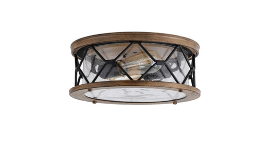 2-Light Flush Mount Ceiling Light - Modern Industrial Ceiling Light Fixture for Kitchen Hallway Bedroom, Matt Black+Wood Finish with Seeded Glass Cover - 14.8"H x 30.5"D
