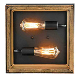 2-Light Wood Frame Flush Mount Ceiling Light with Black Sockets