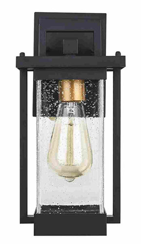 1-Light Outdoor Wall Sconce, Matte Black, Clear Seeded Glass Shade, Outdoor Lighting Modern, Front Porch Décor, E26 Bulb, Patio Decor