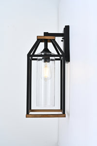 20-in Black and Wood Outdoor Farmhouse Wall Lantern, 1-Light Wall Lamp Sconce, Clear Seeded Glass