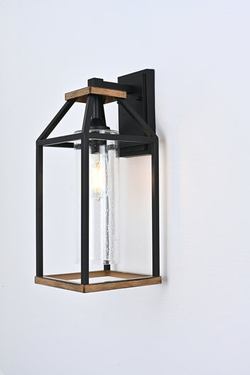 20-in Black and Wood Outdoor Farmhouse Wall Lantern, 1-Light Wall Lamp Sconce, Clear Seeded Glass