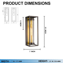Load image into Gallery viewer, 1 - Light, 21 - Inch Bronze Outdoor Rectangular Wall Light, E26 Socket 1X60W, Clear Glass, 21" H x 7" W, Extends 6" from the wall - LEDMyPlace