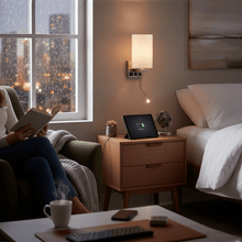 Load image into Gallery viewer, 1 - Light, Acrylic Shade Indoor Wall Sconce Light with 1 Switch, 1usb &amp; 1outlet, Brushed Nickel Finish, Bedside Wall Lights w/ 1W LED Reading Lamp, for Bedroom Living Room Hotels - LEDMyPlace