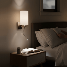 Load image into Gallery viewer, 1 - Light, Acrylic Shade Indoor Wall Sconce Light with 1 Switch, 1usb &amp; 1outlet, Brushed Nickel Finish, Bedside Wall Lights w/ 1W LED Reading Lamp, for Bedroom Living Room Hotels - LEDMyPlace