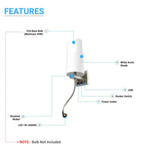 Load image into Gallery viewer, 1 - Light, Acrylic Shade Indoor Wall Sconce Light with 1 Switch, 1usb &amp; 1outlet, Brushed Nickel Finish, Bedside Wall Lights w/ 1W LED Reading Lamp, for Bedroom Living Room Hotels - LEDMyPlace