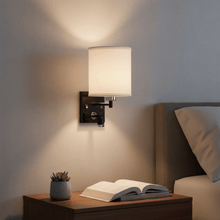 Load image into Gallery viewer, 1 - Light Bedside Wall Sconce Lighting with Adjustable LED Reading Light, Black Metal Finish w/ White Fabric Shade, W/ LED 1W 1USB, 2 Switchs &amp;1 Outlet, for Bedroom Living Room Hotels - LEDMyPlace
