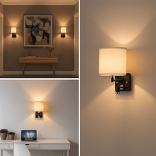 Load image into Gallery viewer, 1 - Light Bedside Wall Sconce Lighting with Adjustable LED Reading Light, Black Metal Finish w/ White Fabric Shade, W/ LED 1W 1USB, 2 Switchs &amp;1 Outlet, for Bedroom Living Room Hotels - LEDMyPlace