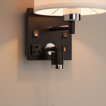 Load image into Gallery viewer, 1 - Light Bedside Wall Sconce Lighting with Adjustable LED Reading Light, Black Metal Finish w/ White Fabric Shade, W/ LED 1W 1USB, 2 Switchs &amp;1 Outlet, for Bedroom Living Room Hotels - LEDMyPlace