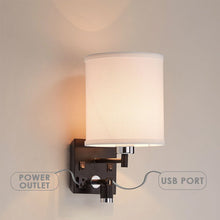Load image into Gallery viewer, 1 - Light Bedside Wall Sconce Lighting with Adjustable LED Reading Light, Black Metal Finish w/ White Fabric Shade, W/ LED 1W 1USB, 2 Switchs &amp;1 Outlet, for Bedroom Living Room Hotels - LEDMyPlace