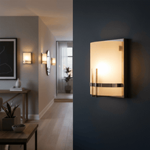 Load image into Gallery viewer, 1 - Light, Decorative ARC Wall Sconce Fixture, Brushed Nickel Finish with White glass shade, Dim: 9" W x 12"H x 5"E, Hallway Light Fixtures - LEDMyPlace