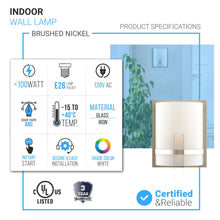 Load image into Gallery viewer, 1 - Light, Decorative ARC Wall Sconce Fixture, Brushed Nickel Finish with White glass shade, Dim: 9" W x 12"H x 5"E, Hallway Light Fixtures - LEDMyPlace