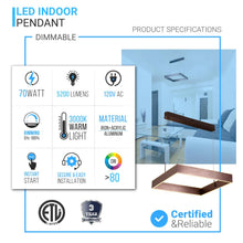 Load image into Gallery viewer, 1 - Light, Square Chandelier Lighting in Brushed Brown Body Finish, 70W, 3000K(warm white), 5200LM, Dimmable, 5 Years Warranty - LEDMyPlace