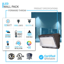 Load image into Gallery viewer, 100W LED Wall Pack with Dusk to Dawn Photocell, 5700K, 14900LM, AC120 - 277V, Waterproof, UL &amp; DLC Listed - LEDMyPlace