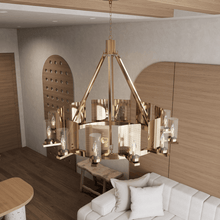 Load image into Gallery viewer, 12 - Light Ring Chandelier Ceiling Light in Brass Finish with Clear Glass, 120V, Bulb Type B10, Socket Type E12, Max wattage Per Socket 60W - 50“D x 39”H - LEDMyPlace