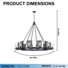 Load image into Gallery viewer, 12 - Light Ring Chandelier Ceiling Light in Matte Black Finish with Clear Glass, Diam 50" Height 39", 120V, Bulb Type B10, Socket Type E12, Max wattage Per Socket 60W - LEDMyPlace