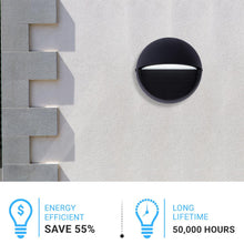 Load image into Gallery viewer, 12W, Decorative LED Outdoor Wall Sconce, Half Round, Dimmable, ETL Listed, Frosted Glass Shade, Wet Location, 3000K/5000K, Deck Rail Lighting, Black - LEDMyPlace