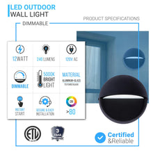 Load image into Gallery viewer, 12W, Decorative LED Outdoor Wall Sconce, Half Round, Dimmable, ETL Listed, Frosted Glass Shade, Wet Location, 3000K/5000K, Deck Rail Lighting, Black - LEDMyPlace