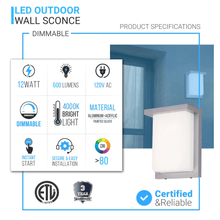 Load image into Gallery viewer, 12W Rectangle Shape LED Outdoor Wall Sconce, Painted Silver Finish, White Acrylic Shade, ETL Listed - LEDMyPlace