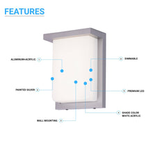Load image into Gallery viewer, 12W Rectangle Shape LED Outdoor Wall Sconce, Painted Silver Finish, White Acrylic Shade, ETL Listed - LEDMyPlace