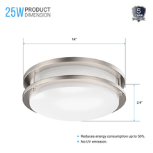Load image into Gallery viewer, 14 inch Dimmable LED Flush Mount Ceiling Lights, Double Ring, 25W,1750 Lumens, 3000K/4000K/5000K Switchable Ceiling Lights, Brushed Nickel Finish Steel, For Hallway Kitchen Stairwell, ETL Listed - LEDMyPlace