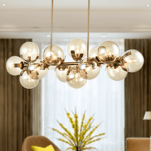 Load image into Gallery viewer, 14 - Light Linear Chandeliers for Dining Room Glass Globe New Brass Finish Hardware Finish with Mercury Glass, Pendant Lighting, E12 Base - LEDMyPlace