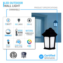 Load image into Gallery viewer, 15W LED Outdoor Wall Sconce lighting Fixtures, 5000K (Daylight White), Textured Black Finish, 800 Lumens, ETL Listed - LEDMyPlace