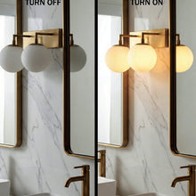 Load image into Gallery viewer, 18″W x 10″H x 8″E Burnished Brass Double Wall Sconce with Dual Frosted White Acrylic Shades and 2×E26 Rocker - Switch Lights - 2 Pack - LEDMyPlace
