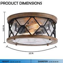 Load image into Gallery viewer, 2 - Light Flush Mount Ceiling Light - Modern Industrial Ceiling Light Fixture for Kitchen Hallway Bedroom, Matt Black+Wood Finish with Seeded Glass Cover - 5.83"H x 12"D - LEDMyPlace