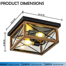 Load image into Gallery viewer, 2 - Lights Indoor Outdoor Flush Mount Ceiling Lamp Farmhouse Close to Ceiling Light Fixtures with Wood Texture Finish for Kitchen Dining Room Bedroom Porch Hallway Entryway - 12.2"L x 12.2"W x 5.98"H - LEDMyPlace