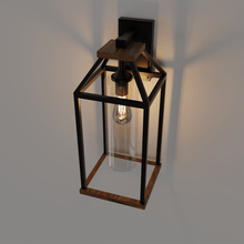 Load image into Gallery viewer, 20 - in Black and Wood Outdoor Farmhouse Wall Lantern, 1 - Light Wall Lamp Sconce, Clear Seeded Glass - LEDMyPlace
