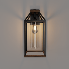 Load image into Gallery viewer, 20 - in Black and Wood Outdoor Farmhouse Wall Lantern, 1 - Light Wall Lamp Sconce, Clear Seeded Glass - LEDMyPlace