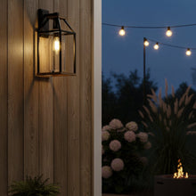 Load image into Gallery viewer, 20 - in Black and Wood Outdoor Farmhouse Wall Lantern, 1 - Light Wall Lamp Sconce, Clear Seeded Glass - 8.82"L x 7.87"W x 18.74"H - LEDMyPlace