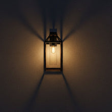 Load image into Gallery viewer, 20 - in Black and Wood Outdoor Farmhouse Wall Lantern, 1 - Light Wall Lamp Sconce, Clear Seeded Glass - 8.82"L x 7.87"W x 18.74"H - LEDMyPlace