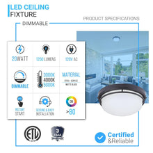 Load image into Gallery viewer, 20W LED Flush Mount Ceiling Light, CCT Changeable (3000/4000/5000K), 1200LM, Hallway Light Fixtures, Dimmable, Matte Black, for Bedroom Kitchen Stairwell Entryway - LEDMyPlace