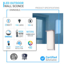 Load image into Gallery viewer, 20W Modern LED Outdoor Wall Sconce Light 5000K 600LM White Acrylic Shade, 120 - 277V Non - Dimmable, ETL Listed, Wet Location, Painted Silver Finish - LEDMyPlace