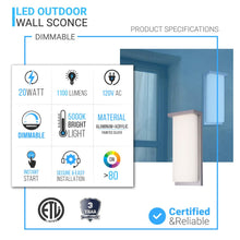 Load image into Gallery viewer, 20W Modern LED Outdoor Wall Sconce Light 5000K 600LM White Acrylic Shade, 120 - 277V Non - Dimmable, ETL Listed, Wet Location, Painted Silver Finish - LEDMyPlace