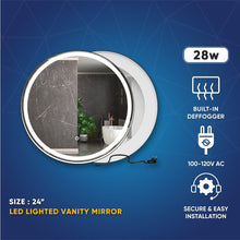 Load image into Gallery viewer, 24 Inch Round LED Lighted Bathroom Vanity Mirror with Shelf, Touch Switch, Defogger and CCT Remembrance, CRI 90+, Raven Round Style - LEDMyPlace