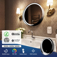 Load image into Gallery viewer, 24 Inch Round LED Lighted Bathroom Vanity Mirror with Shelf, Touch Switch, Defogger and CCT Remembrance, CRI 90+, Raven Round Style - LEDMyPlace