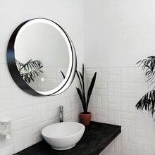 Load image into Gallery viewer, 24 Inch Round LED Lighted Bathroom Vanity Mirror with Shelf, Touch Switch, Defogger and CCT Remembrance, CRI 90+, Raven Round Style - LEDMyPlace