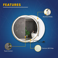 Load image into Gallery viewer, 24 Inch Round LED Lighted Bathroom Vanity Mirror with Shelf, Touch Switch, Defogger and CCT Remembrance, CRI 90+, Raven Round Style - LEDMyPlace