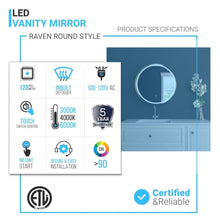 Load image into Gallery viewer, 24 Inch Round LED Lighted Bathroom Vanity Mirror with Shelf, Touch Switch, Defogger and CCT Remembrance, CRI 90+, Raven Round Style - LEDMyPlace