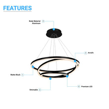 Load image into Gallery viewer, 3 - Ring LED Light Circular Chandelier, 102W, 3000K, 4335LM, Matte Black Body Finish, Dimmable, Pendant Mounting - LEDMyPlace