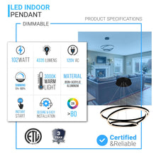 Load image into Gallery viewer, 3 - Ring LED Light Circular Chandelier, 102W, 3000K, 4335LM, Matte Black Body Finish, Dimmable, Pendant Mounting - LEDMyPlace