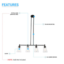 Load image into Gallery viewer, 4 - Lights Island Linear Pendant Light with Clear Glass Shade, E26 Base, UL Listed for Damp Location - LEDMyPlace
